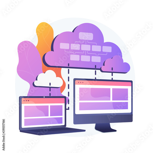 Cloud information storage. Collocated cloud computing. Data synchronization and harmonization. Available, accesssible, digital. Connected backup. Vector isolated concept metaphor illustration