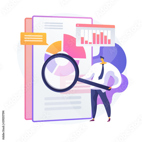 Business audit. Financial specialist cartoon character with magnifier. Examination of statistical graphic information. Statistics, diagram, chart. Vector isolated concept metaphor illustration