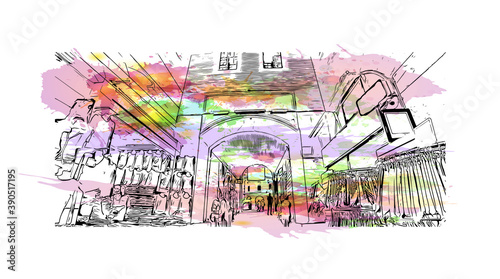 Building view with landmark of Bursa is a large city in northwest Turkey. Watercolor splash with hand drawn sketch illustration in vector.     
