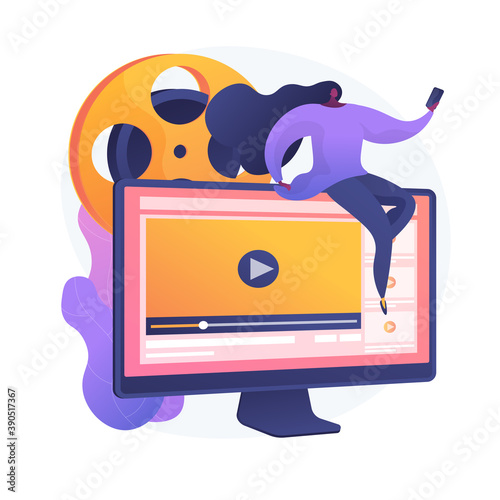 Media content management. Vlogging activities, product videos sharing, online marketing advertising tool. Female vlogger streaming live. Vector isolated concept metaphor illustration