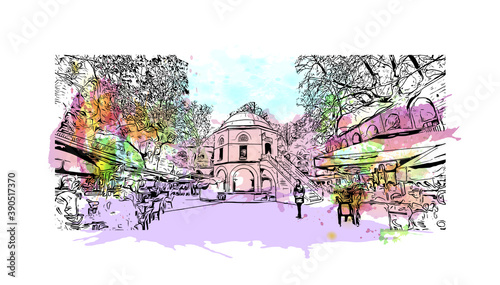 Building view with landmark of Bursa is a large city in northwest Turkey. Watercolor splash with hand drawn sketch illustration in vector.     