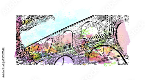 Building view with landmark of Bursa is a large city in northwest Turkey. Watercolor splash with hand drawn sketch illustration in vector.     