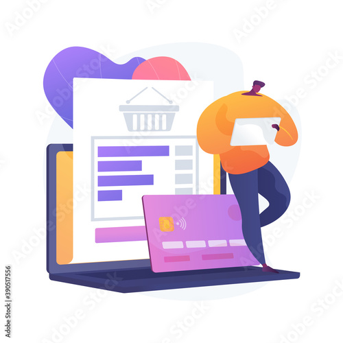 Order paying, contactless payment by credit card. Order basket, laptop, bank card. Male online customer with tablet cartoon character. Vector isolated concept metaphor illustration.