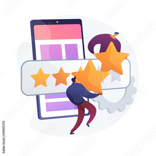 Mobile app rating, online grading, efficiency mark. Setting stars for application, function evaluation. Smartphone users cartoon characters. Vector isolated concept metaphor illustration.