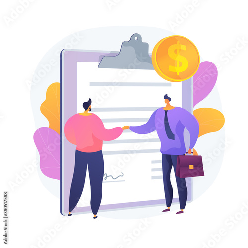 Employment, labor contract signing, hiring. Deal, bargaining, paid service agreement. Businesspeople, employer and employee cartoon characters. Vector isolated concept metaphor illustration.