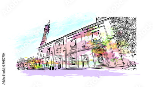 Building view with landmark of Bursa is a large city in northwest Turkey. Watercolor splash with hand drawn sketch illustration in vector.     