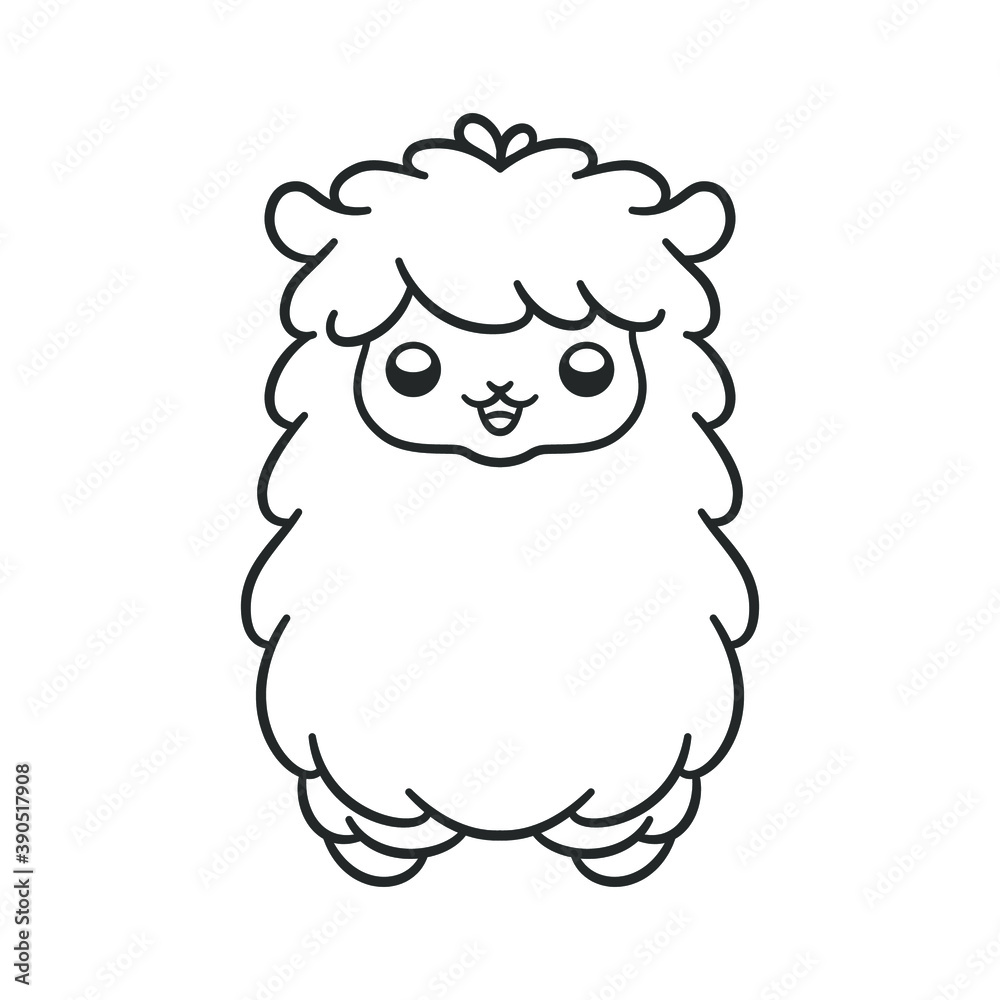 Happy fluffy alpaca, sheep, llama animal cartoon outline. Easy fun coloring  book page activity worksheet for kids children. Simple flat black and white  vector illustration design. Stock Vector | Adobe Stock