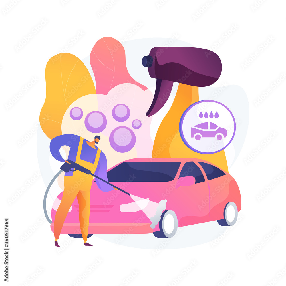 Car wash service abstract concept vector illustration. Automatic wash, vehicle cleaning market, self-serve station, 24 hours full service company, hand, interior vacuum cleaning abstract metaphor.