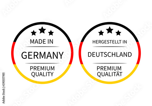 Made in Germany round labels in English and in German languages . Quality mark vector icon. Perfect for logo design, tags, badges, stickers, emblem, product package, etc photo
