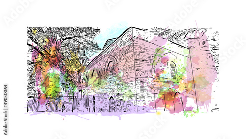Building view with landmark of Bursa is a large city in northwest Turkey. Watercolor splash with hand drawn sketch illustration in vector.     