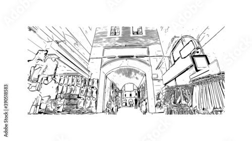Building view with landmark of Bursa is a large city in northwest Turkey. Hand drawn sketch illustration in vector.     