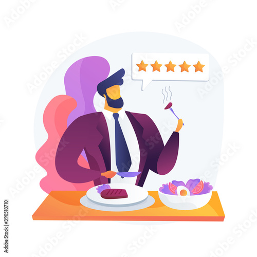 Food critic abstract concept vector illustration. Analyze food, restaurant chef, write review, rating, expert opinion, culinary show, undercover guest, travel guide abstract metaphor.