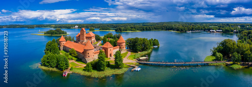 Aerial view of Trakai, over medieval gothic Island castle in Galve lake. Flat lay of the most beautiful Lithuanian landmark. Trakai Island Castle, most popular tourist destination in Lithuania