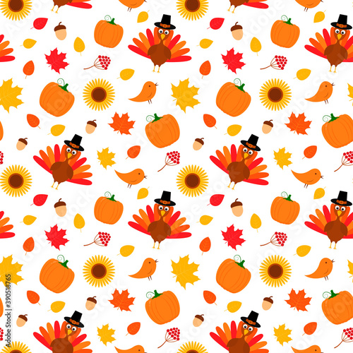 Thanksgiving day seamless pattern. Cute cartoon seasonal elements. Easy to edit vector template for greeting card, poster, banner, flyer, fabric, t-shirt