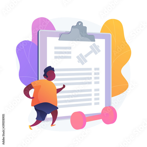 Workout plan. Cartoon character getting fit. Muscle building, fat loss, fitness. Man doing weightlifting exercises with dumbbells and running. Vector isolated concept metaphor illustration