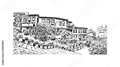 Building view with landmark of Bursa is a large city in northwest Turkey. Hand drawn sketch illustration in vector.     