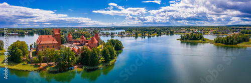 Aerial view of Trakai, over medieval gothic Island castle in Galve lake. Flat lay of the most beautiful Lithuanian landmark. Trakai Island Castle, most popular tourist destination in Lithuania