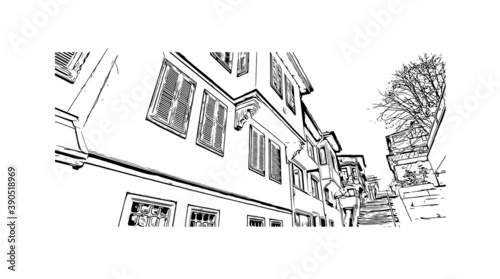 Building view with landmark of Bursa is a large city in northwest Turkey. Hand drawn sketch illustration in vector.     
