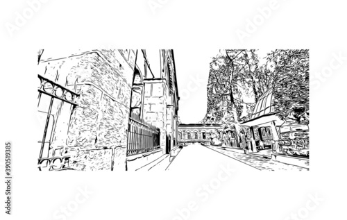 Building view with landmark of Bursa is a large city in northwest Turkey. Hand drawn sketch illustration in vector.     