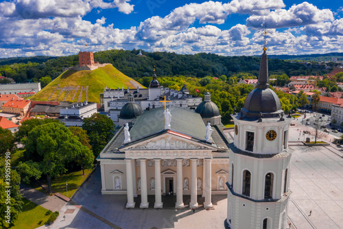 Aerial panoramic view of The Cathedral Square, main square of Vilnius Old Town, a key location in city`s public life, situated as it is at the crossing of the city`s main streets, Vilnius, Lithuania photo