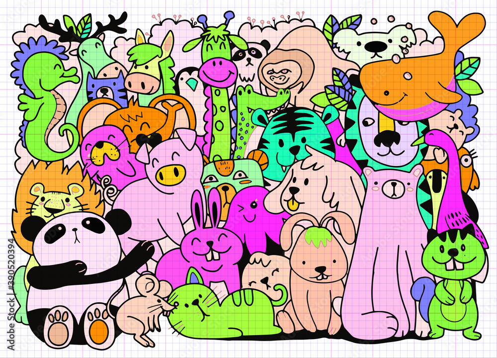 Vector cartoon big set of cute doodle animals. Perfect for postcard ...