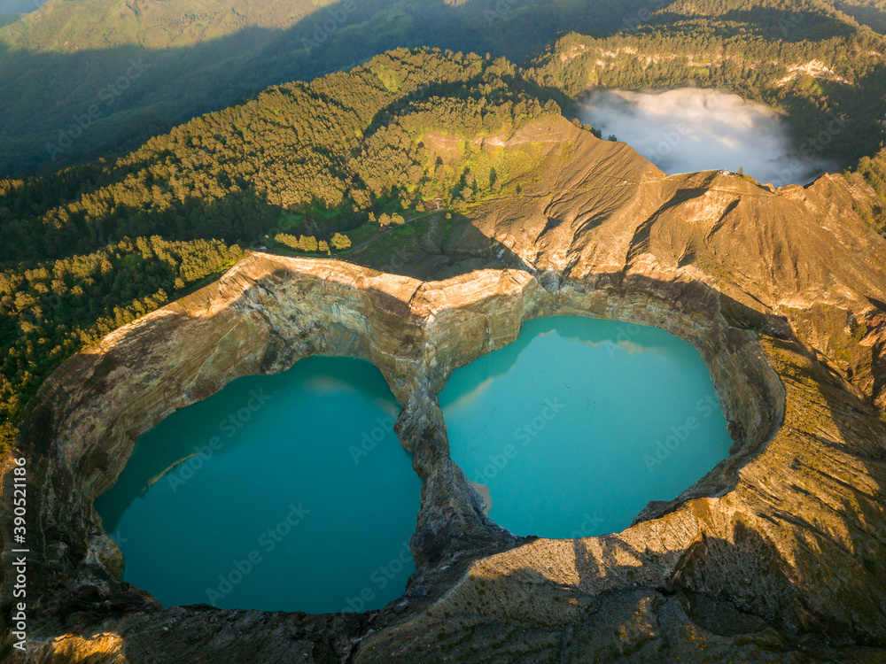 Kelimutu mountain crater lakes drone aerial view in Indonesia  - obrazy, fototapety, plakaty 
