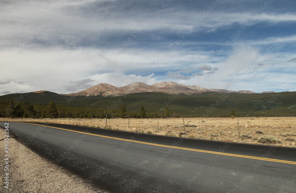 Road view of Mount Massive (14,421 ft.), second highest peak in Colorado, located in Mount Massive Wilderness in Sawatch Range of San Isabel National Forest