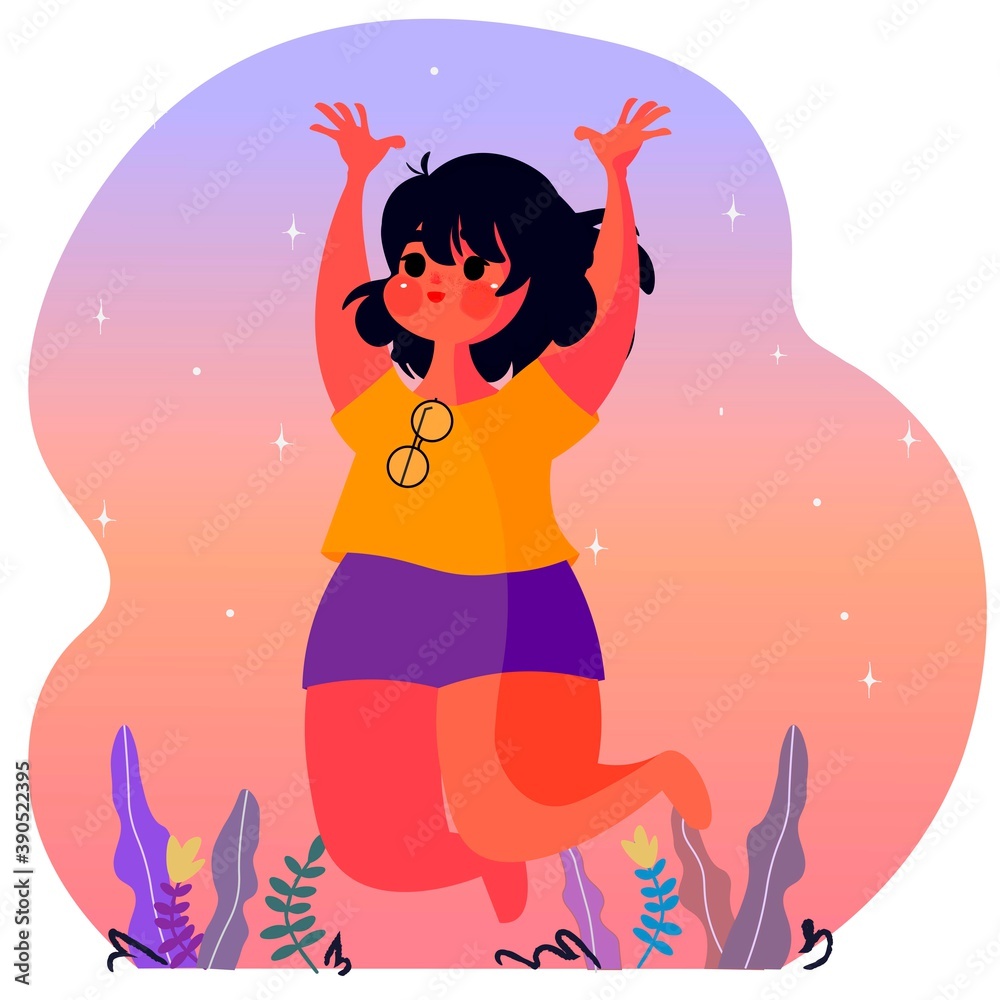 Mujer saltando de felicidad con cielo y estrellas de fondo Mujer saltando de felicidad con cielo y estrellas de fondo