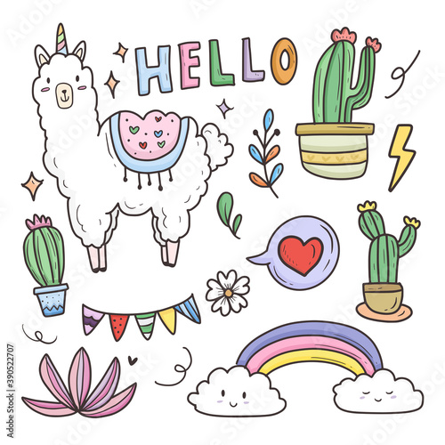 Cute llama cartoon sticker set collection vector