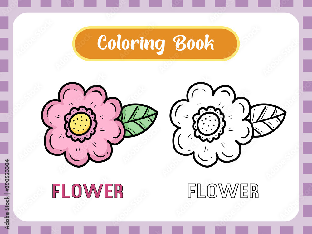 Flower drawing coloring book page for kids learning