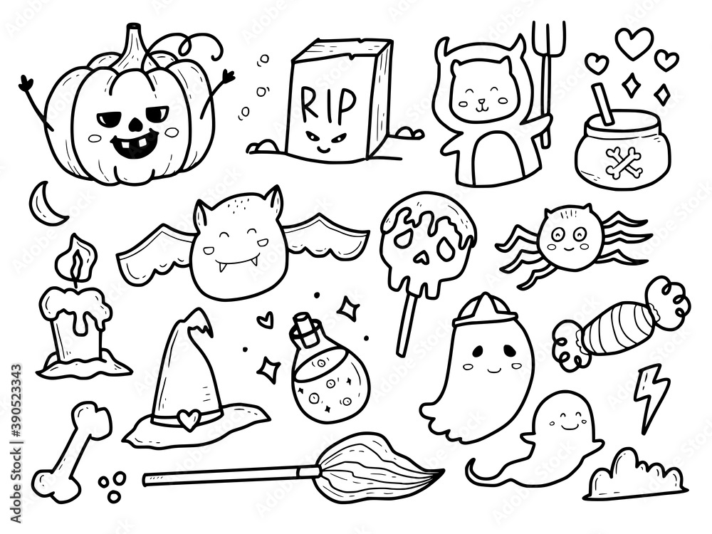 Cute halloween monster doodle set collection