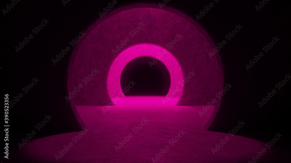 Abstract illuminated empty corridor interior made of gray concrete. Glowing pink lines with shadow, violet light rays. Hallway arch tunnel corridor on dark background. 3d rendering Abstract illuminated empty corridor interior made of gray concrete. Glowing pink lines with shadow, violet light rays. Hallway arch tunnel corridor on dark background. 3d rendering