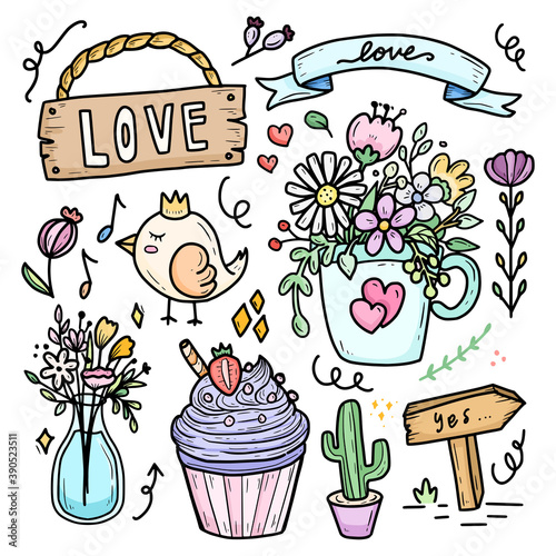 Cute romantic flower in the cup for wedding doodle icon