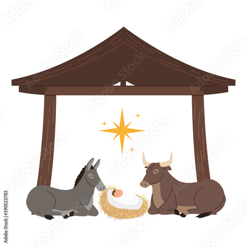nativity, manger scene baby jesus with donkey and ox in the hut