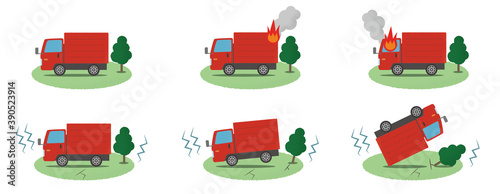 地震・火事の被害に遭う赤いトラックのベクターイラストセット