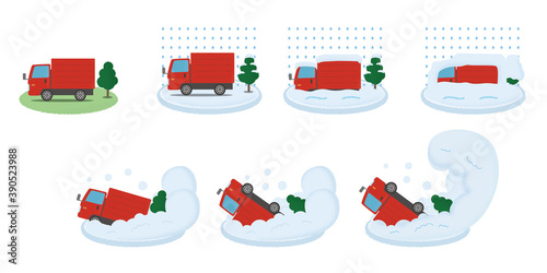 大雪・雪崩の被害に遭う赤いトラックのベクターイラストセット