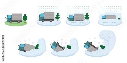 大雪・雪崩の被害に遭う緑色のトラックのベクターイラストセット