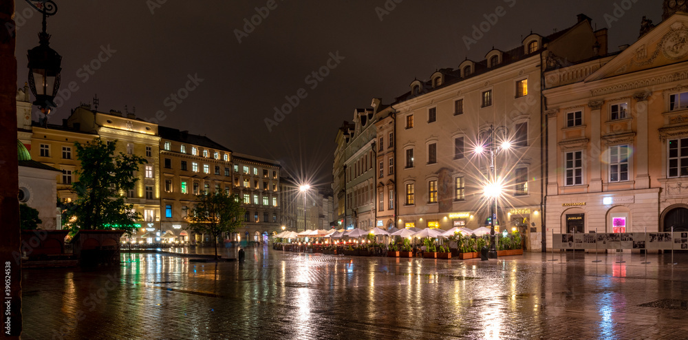 Main Market Square Krakow at night after the rain.
