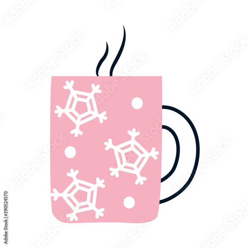 coffee mug with snowflakes design, half line half color style