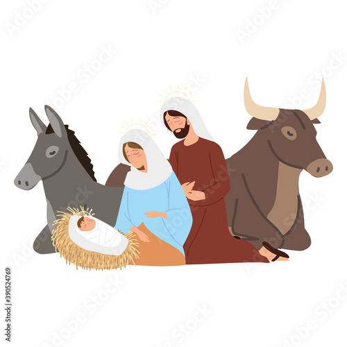 nativity, manger scene holy mary with baby jesus joseph donkey and ox