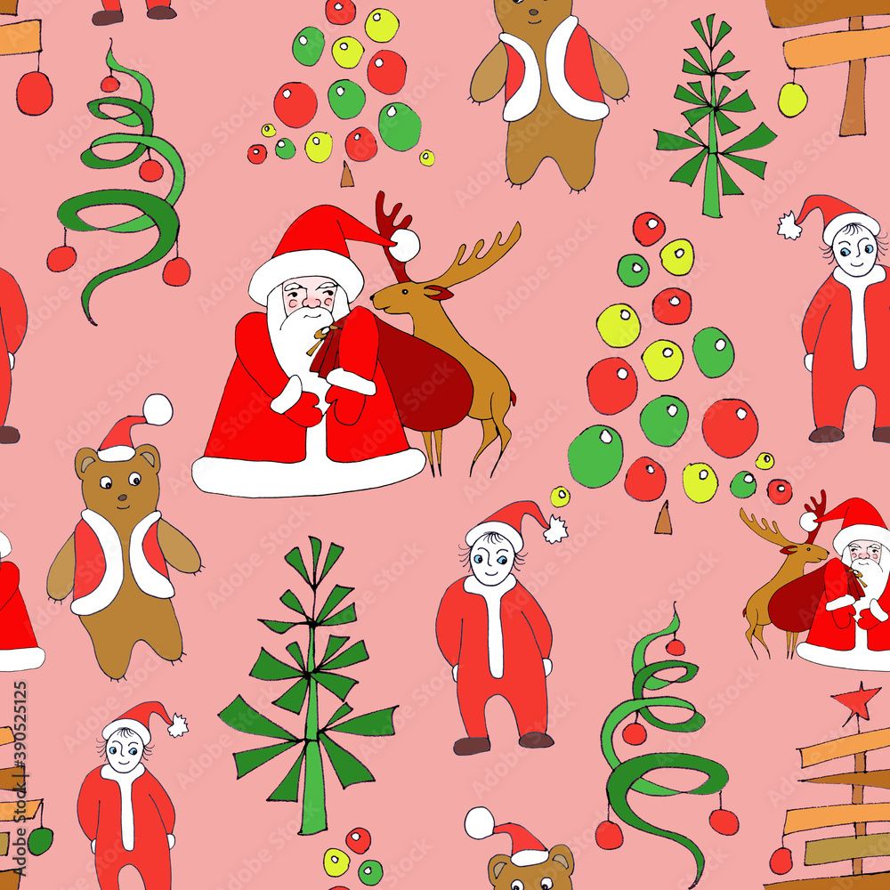 Christmas seamless pattern with Santa, trees and other characters, graphic linear color drawing on pink background