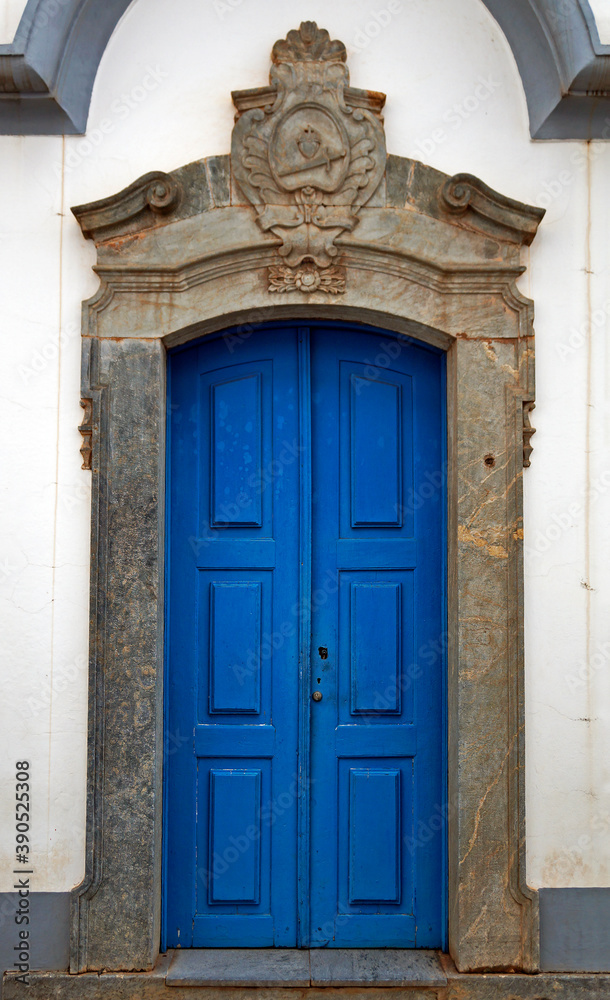 Baroque blue door at historical city of Congonhas do Campo, Minas Gerais, Brazil
