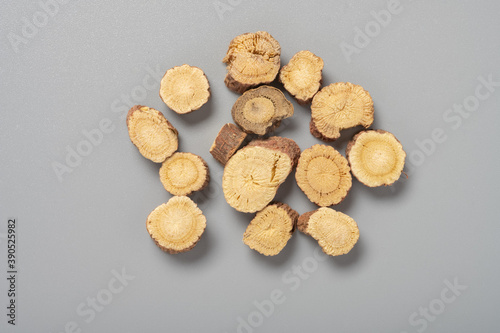 top view herb medicine GanCao or Glycyrrhizae Radix et Rhizoma or Liquorice Root