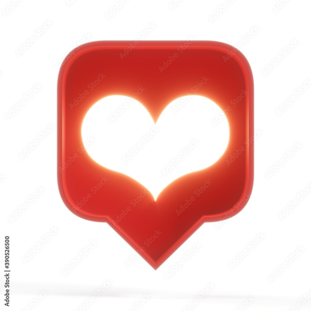 3d social media notification neon light like heart icon in red speech bubble pin isolated on white wall background with shadow 3D rendering 3d social media notification neon light like heart icon in red speech bubble pin isolated on white wall background with shadow 3D rendering