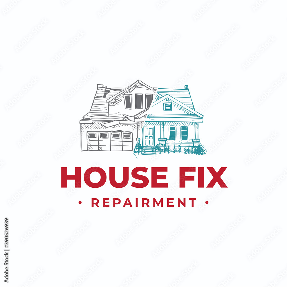 Before and after repair house vector hand drawn logo design illustration for fix company business