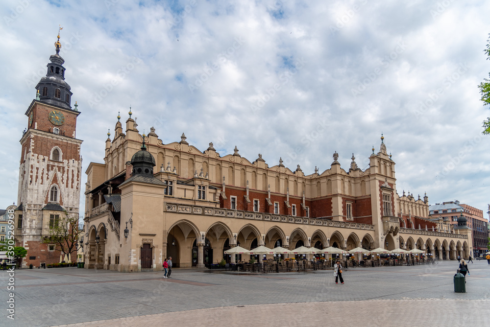 Krakow and the Main Market Square is very popular during the day with tourists.