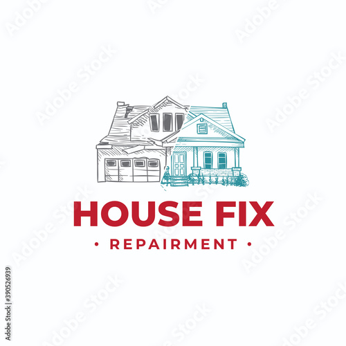 Before and after repair house vector hand drawn logo design illustration for fix company business