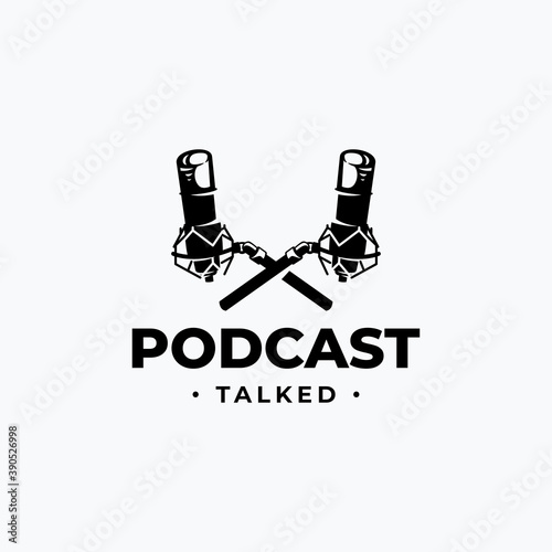Two microphone for podcast content, ready use logo vector design template