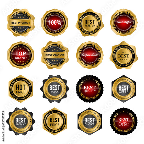 Golden badges and labels with golden ribbon vector collection. vector illustration