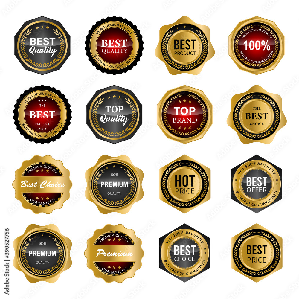 Golden badges and labels with golden ribbon vector collection. vector illustration Golden badges and labels with golden ribbon vector collection. vector illustration